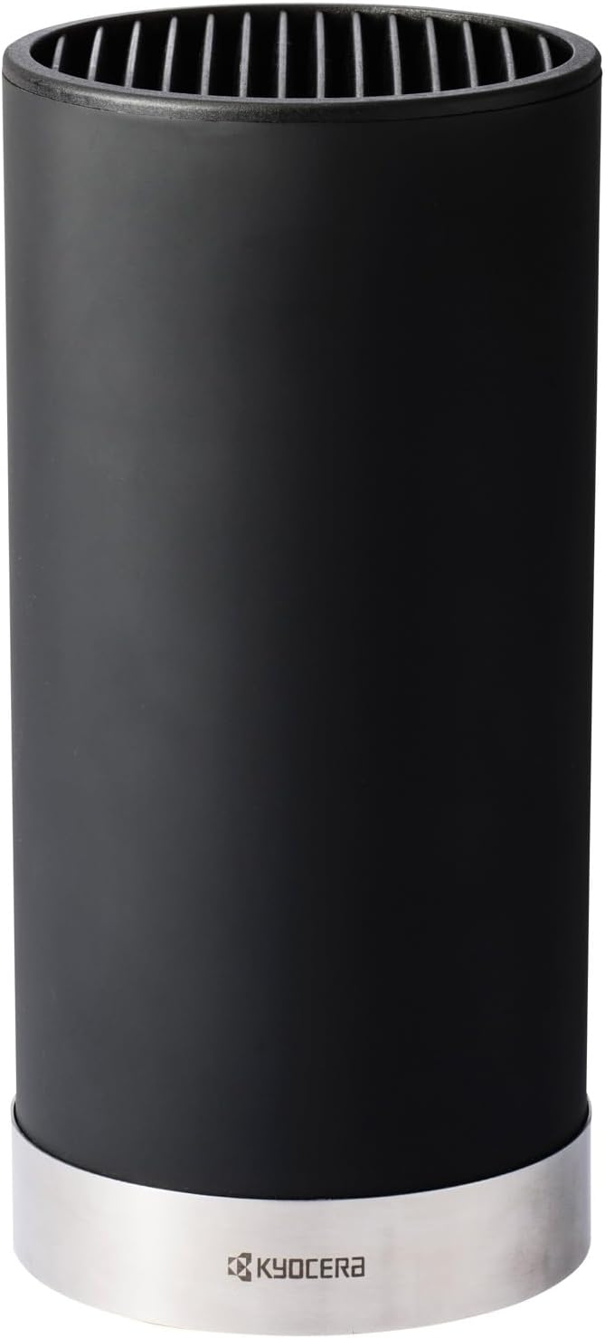 Kyocera KB-U-BK Universal Round Soft Touch Knife Block, 8.8" x 4.3", Black | KYOCERA Universal Knife Block: Compact, Round Storage for 6-8 Ceramic Knives, Removable Slotted Top, Dishwasher-Safe Design