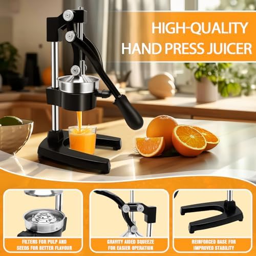 Manual Juicer Press, Hand Press Juicer Machine, Heavy Duty Manual Orange Juicer, Professional Manual Juicers Hand Press for Orange Juicer, Citrus Juicer and Lemon Juice by KAKO, middle-sized, black