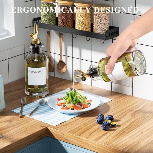 2 Pack Olive Oil Dispensers Bottle for Kitchen, Glass Cooking Oil Dispenser, Oil and Vinegar Dispenser Set with Weighted Pourer and 40 Labels, Gold 12 oz