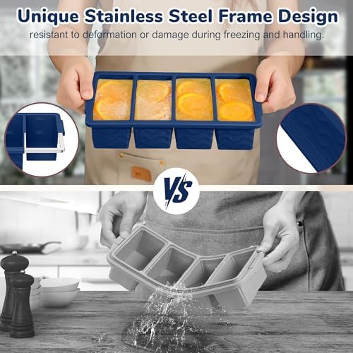 Silicone Freezer Trays with Lid (4-Pack), 1-Cup, 2-Cup, 1/2-Cup & 2-Tbsp Silicone Freezer Molds, Stackable Soup Freezer Meal Prep Containers,Ice Cube Tray for Making Sauce,Smoothies,Yogurt Bites