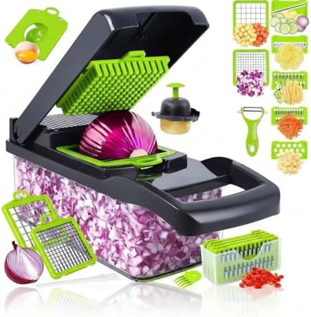 14-in-1 Vegetable Chopper with Container – Onion Chopper, Dicer, Slicer & Grater, Food Chopper with Stainless Steel Blades, BPA-Free, Easy Clean, Green