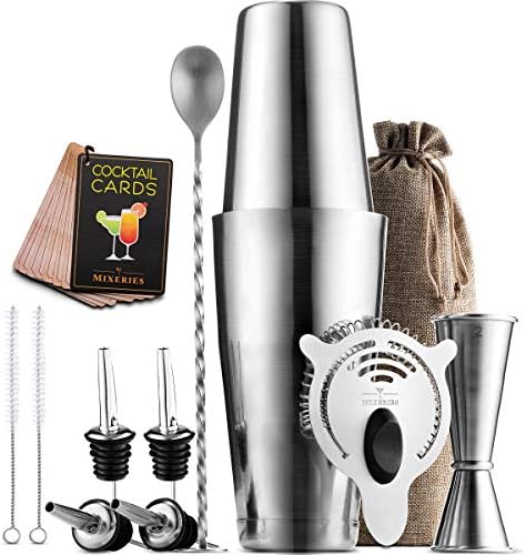 Boston Shaker Set Bartender Kit - 13 Piece Bar Set Cocktail Shaker Set - Drink Mixer for Home Bar with All Bar Accessories - Bar Tools: Cocktail Shaker, Jigger, Cocktail Strainer, Bar Spoon, Pourers.