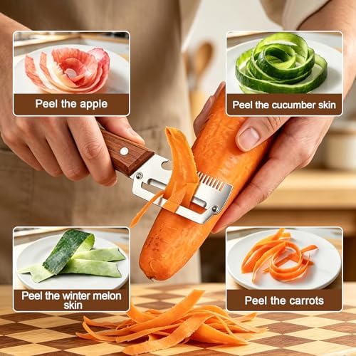 Vegetable Peeler with Wooden Handle, 2 Pack Julienne Peeler and Slicer, 3-in-1 Multifunctional Peelers for Kitchen, Stainless Steel Blade Shredder Tool for Potato, Carrot and Fruit