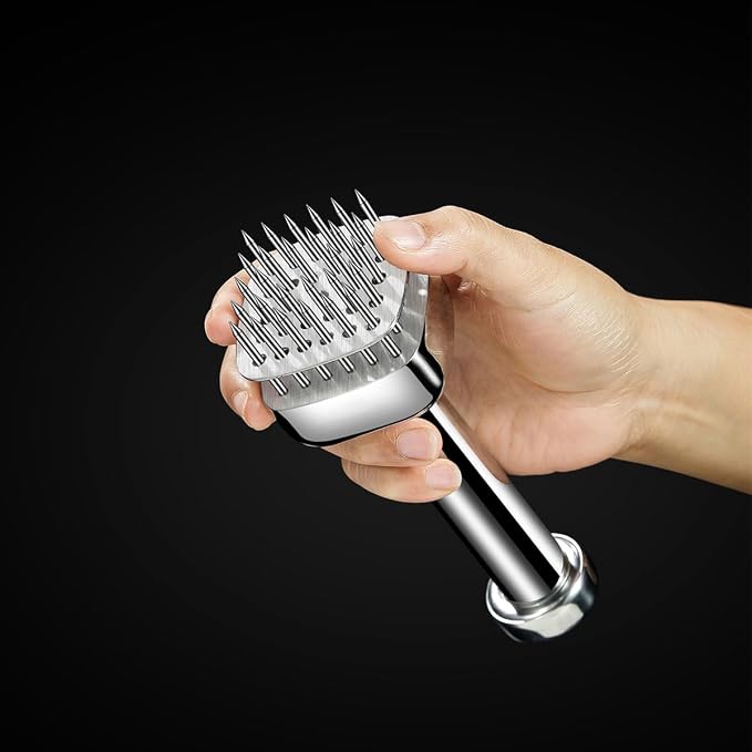 Meat Tenderizer with 28 Sharp Needles, Heavy-Duty Meat Tenderizer Tool with Auto-Rebound Safety Guard, Dishwasher Safe, Includes Cleaning Brush, Silver