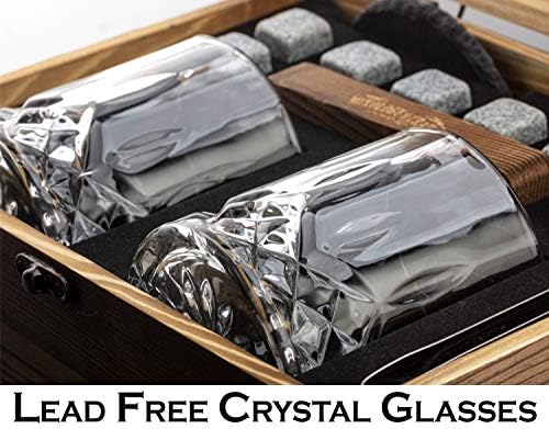 Mixology & Craft Whiskey Glasses Gift Set for Men - Pack of 2 Diamond Cut Glasses w/ 8 Granite Chilling Stones, 2 Coasters, Tongs & Cocktail Recipe Book in Wooden Crate