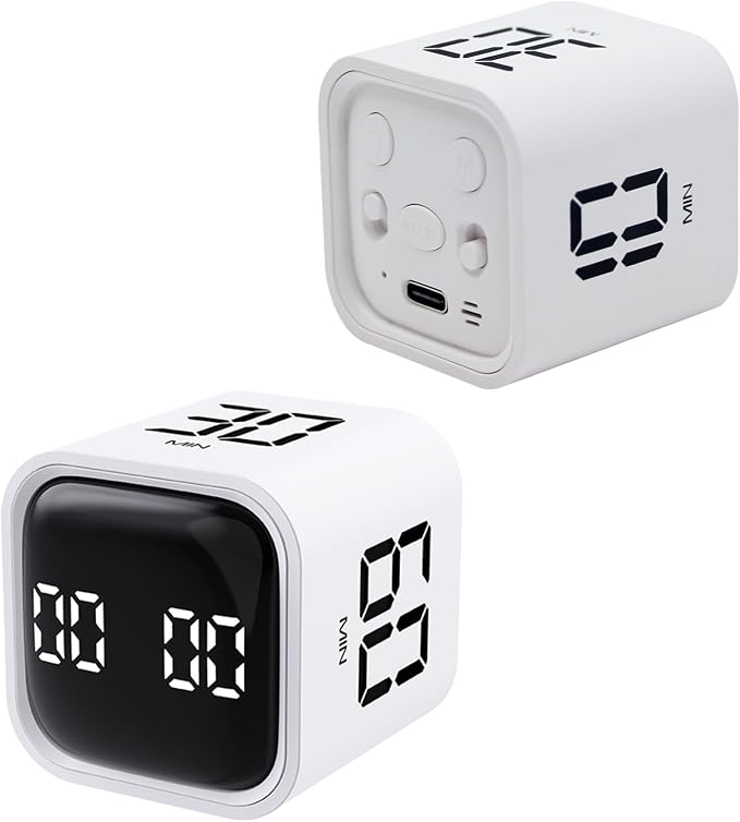 Productivity Timer Flip Gravity Sensor Cube Timer Countdown & Countup,Mute & Vibrate & Sound，5/10/30/60min & Custom Timing, Perfect for ADHD,Work,Learning,Kitchen Cooking (2 White)