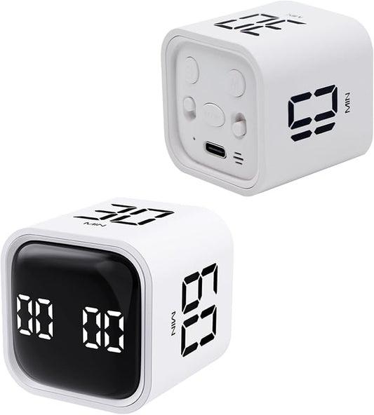 Productivity Timer Flip Gravity Sensor Cube Timer Countdown & Countup,Mute & Vibrate & Sound，5/10/30/60min & Custom Timing, Perfect for ADHD,Work,Learning,Kitchen Cooking (2 White)
