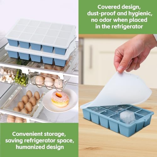 FANYITY Silicone Ice Cube Tray with Lid, Blue, Pack of 2 Ice Cube Moulds, Silicone Mould, BPA-Free, Stackable Ice Cube Tray, Ice Cube Trays for Baby Porridge, Cocktail, Whiskey, Coffee