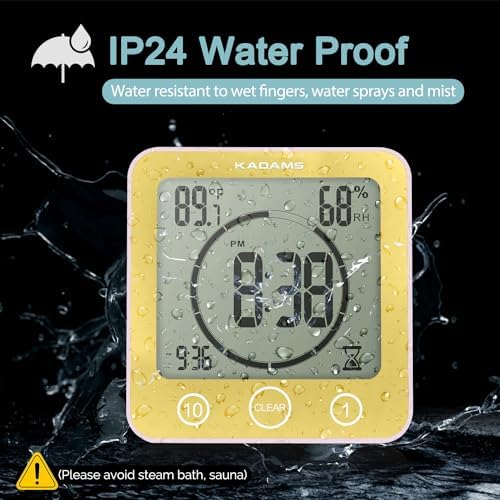 KADAMS Shower Clock Waterproof Bathroom Timer – Digital Wall Clock with Countdown, Magnetic Kitchen Clock with Temperature & Humidity, Suction Cup for Kids Shower Spa Sauna Cook Bath (Yellow)