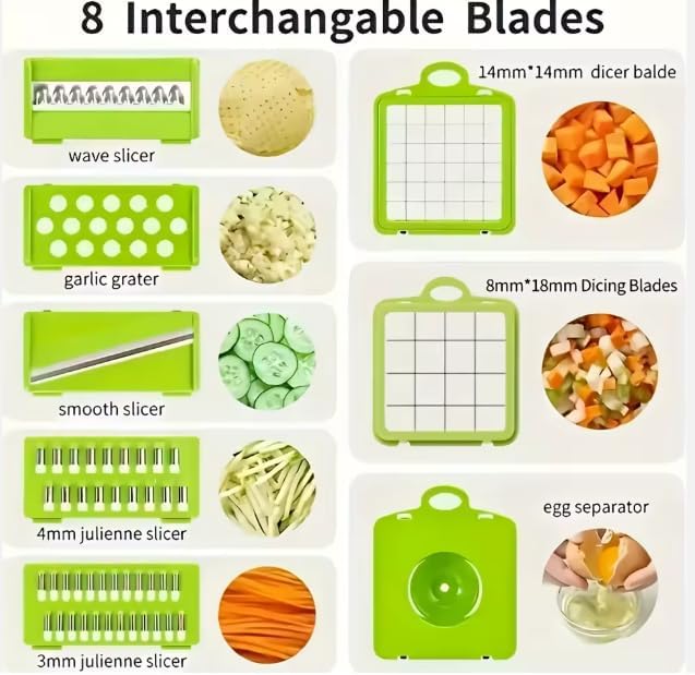14-in-1 Vegetable Chopper with Container – Onion Chopper, Dicer, Slicer & Grater, Food Chopper with Stainless Steel Blades, BPA-Free, Easy Clean, Green
