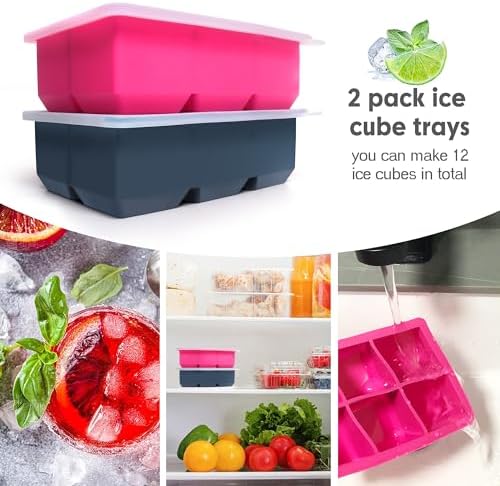 Excnorm Silicone Ice Cube Trays, 2‑Pack Large Square Molds with Lid