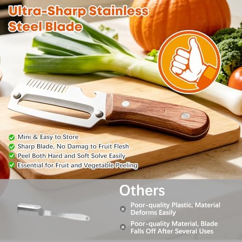 Left & Right Hand Vegetable Peeler Set with Scallion Slicer & Bottle Opener, Thickened Stainless Steel Wide Blade for Smooth Peeling, Wooden Handle Kitchen Peeler for Fruits & Vegetables