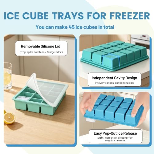 Ice Cube Tray with Lid, 3 Pack 45 Cubes Silicone Stackable Ice Cube Trays for Freezer with Removable Lids, Easy Release & BPA Free Molds for Whiskey, Cocktail, Coffee, Matte