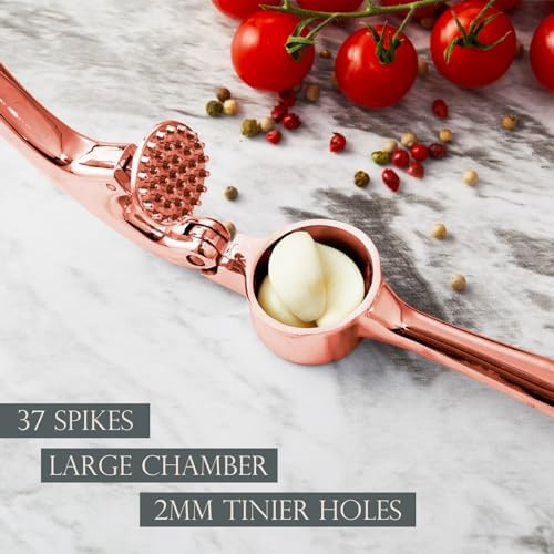 Kitessensu High Effective Premium Garlic Press Set, With Silicone Garlic Peeler & Brush, Heavy Duty Garlic Mincer, Easy to Squeeze and Clean, Rust Proof & Dishwasher Safe - Rose Gold