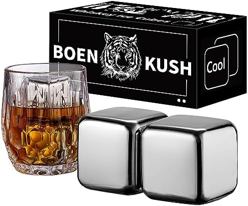 2 Large Whiskey Stones 64 cm³ (4 cu in) - Man Gift Set - Reusable Stainless Steel Metal Ice Sphere Cubes Beverage Chilling Rocks Whiskey Stones for Red Wine, Bar Beer, Scotch, Vodka Drinks - Silver