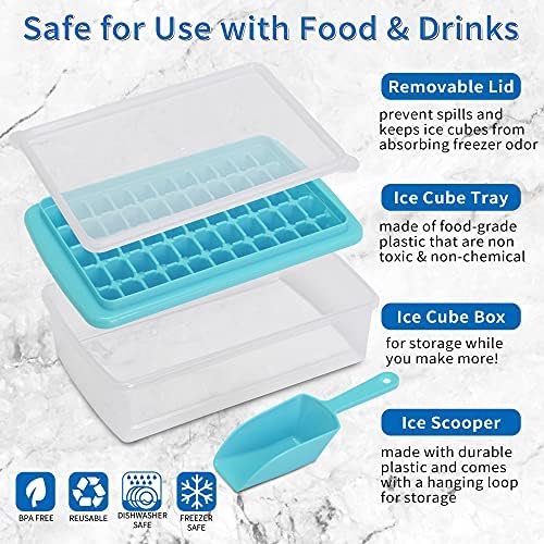 Ice Cube Tray with Lid and Bin for Freezer, Easy Release 55 Nugget Ice Tray with Cover, Storage Container, Scoop. Perfect Small Ice Cube Maker Tray & Mold. Flexable Durable Plastic, BPA Free