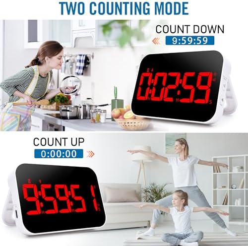 Kitchen Digital RED Timer, Count Down Up, Rechargeable, Vibration Mode Adjustable Volume and Brightness LED Display, Time Management Cook, Desk