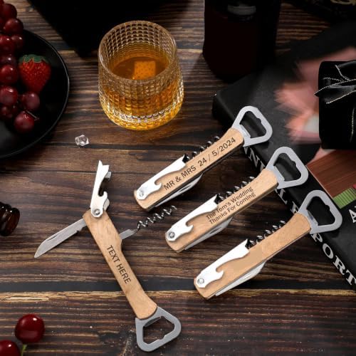 12pcs Wood Wine Bottle Opener 4 in 1 Corkscrew Engraving, Khaki