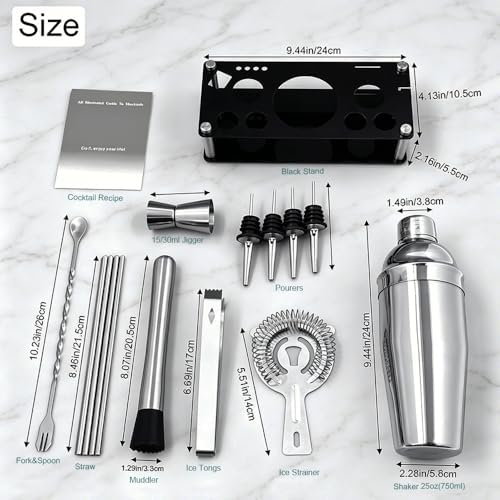 14-Piece Cocktail Shaker Set with Stand, Bartender Kit, 25oz Shakers, Bar Set Cocktail Shaker Set, Jigger for Bartending Kit, Drink Mixer Set, Cocktail Set Recipes Booklet Home, Bar, Party (Silver)