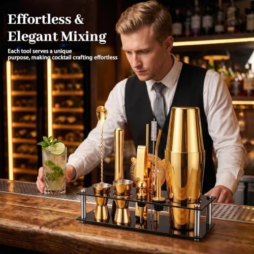 Boston Cocktail Shaker Set, 18 oz & 28 oz 2-Piece Tins, 304 Bartender Kit 15-Piece Bar Tool Set with Acrylic Stand & Recipe Book, for Novices & Pros, Home and Bar Use (Gold)