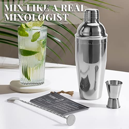 Premium Mixology Cocktail Shaker Set | 4 Piece Bar Tool Set, Silver Bar Set Cocktail Shaker Set for Drink Mixing - Includes Martini Shaker, Jigger, Bar Mixer Spoon + Free Cocktail Recipes | Gift Idea