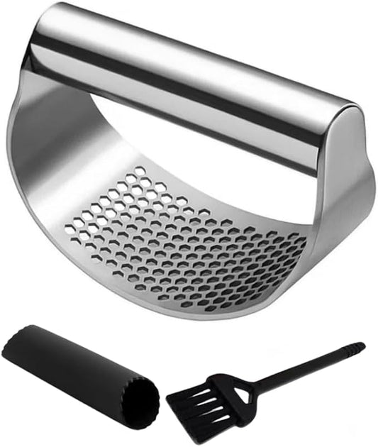 Angel's Peel Lounge Stainless Steel Garlic Press Rocker Set with Silicone Garlic Peeler & Cleaning Brush – Garlic Chopper, Mincer, Grater, Crusher (Stainless steel)