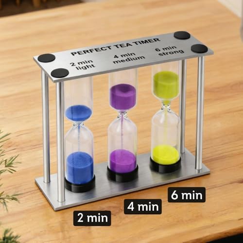 Lily's Home 3.5" Tall 3-in-1 Perfect Tea Timer, Includes 2, 4, and 6 Minute Sand Hourglass Timers, Use for Making Tea or Keeping Time Around The Kitchen, Brushed Stainless Steel Frame, Rectangular
