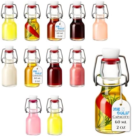 ICE N COLD Glass Swing Top Bottles | Flip Top Glass Bottles for Limoncello, Syrups, Oils, Vinegar, Extracts & Beverages | Airtight Reusable Glass Bottles (12-Pack, MINI (60ml | 2oz))