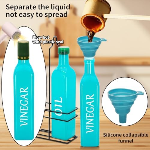 Farmhouse Oil and Vinegar Dispenser Set, 17 oz, beautiful olive oil dispenser, includes a black steel rack and a funnel, vintage cruets for vinegar and oil (Turquoise)
