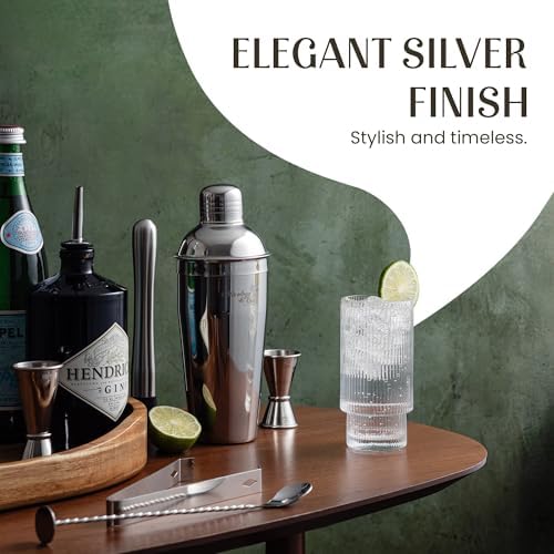 Mixology & Craft All-in-One Stainless Steel Cocktail Shaker Kit with 24 oz Cobbler Shaker, Includes Strainer, Muddler, Spoon, Jiggers, Pourers, Picks, Tongs, Bottle Opener - Gift-Ready Package Tube