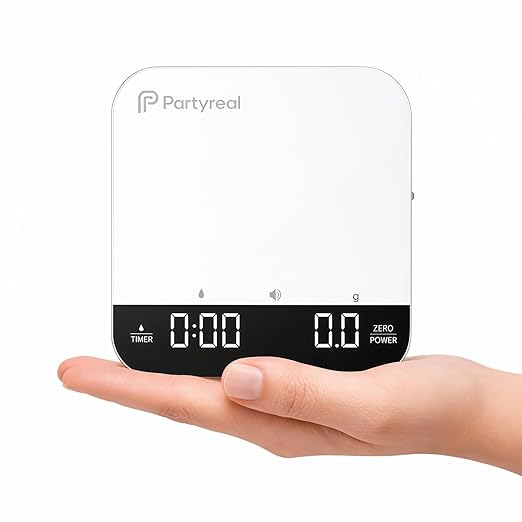 Partyreal Digital Kitchen Coffee Scale，Slim Scale with Tare, g/oz/ml Units, Backlit Display, USB-C Rechargeable (Cable Included) + AAA Backup Power White