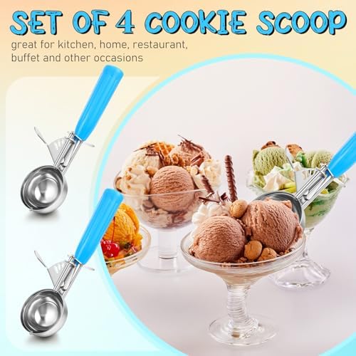 Reallnaive 4 Pcs Ice Cream Scooper with Trigger, 2 oz, Blue
