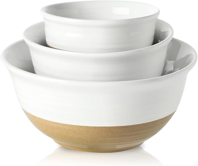 HASENSE Ceramic Serving Bowls, Large Salad Pasta Mixing Bowls Set, 2.1/1.0/0.5 Qt for Entertaining, White Nesting Batter Bowls for Prepping Baking, Dishwasher Microwave Safe, Set of 3