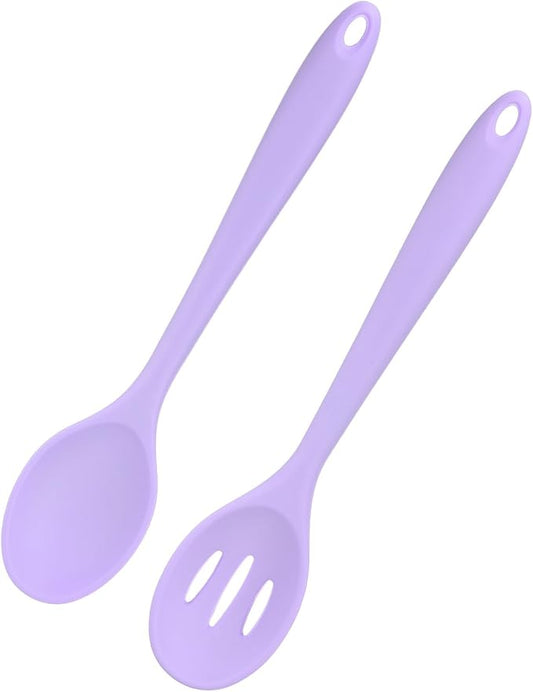M METERXITY 2-Pack Purple Silicone Cooking Spoons, 10.6" Mixing Nonstick Slotted and Solid Serving Spoons, Heat Resistant Utensils