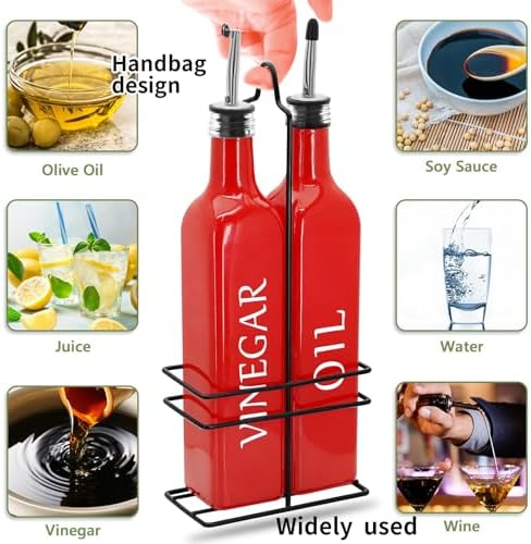 Farmhouse Oil and Vinegar Dispenser Set, 17 oz, beautiful olive oil dispenser, includes a black steel rack and a funnel, vintage cruets for vinegar and oil (Red)