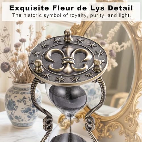 CNCJ Hourglass Timer Sand Clock 60 Minute: Nautical Emblem Brass Black Sand Watch 60 Min, Fleur de LYS Large Reloj De Arena 1 Hora, Anchor Çrown One Hour Sandglass for Gifts, Home, Desktop Decoration