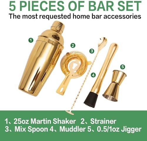 Cocktail Shaker Set Bartender Kit,5 Piece Bar Set Stainless Steel Bar Tools Set for Professional Bartender and Home (Gold, 5-Piece)