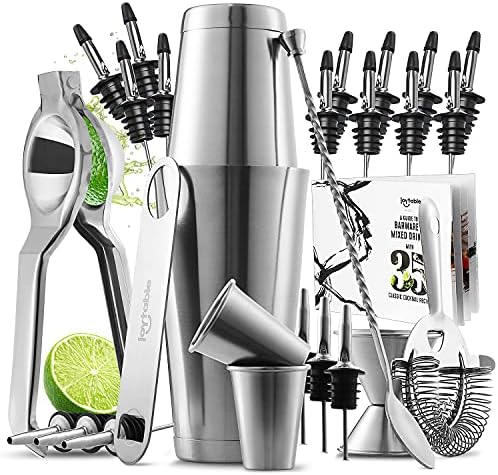 Bar Set Cocktail Shaker Set, Stainless Steel Mixology Bartender Kit, 28PC Cocktail Kit, Silver Cocktail Set, Bar Tools: 30oz Martini Shaker, Muddler, Bar Kit Cocktail Book, Jigger and Pourers