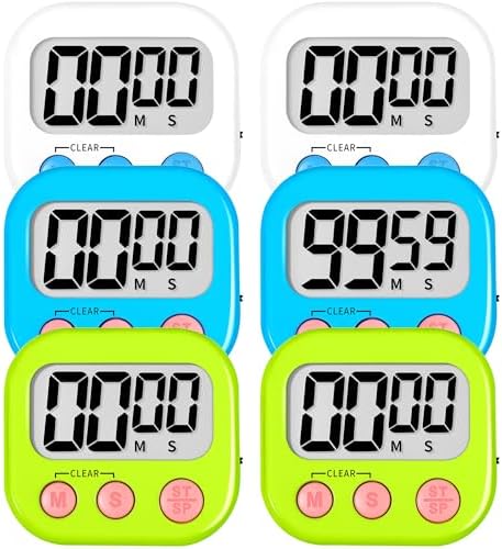 ZILLEEN Digital Kitchen Classroom Timers for Kids Cooking 6pcs Wht Blu Grn