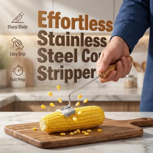 Corn Peeler Stainless Steel Corn Cob Stripper Tool Wooden Handle (3)