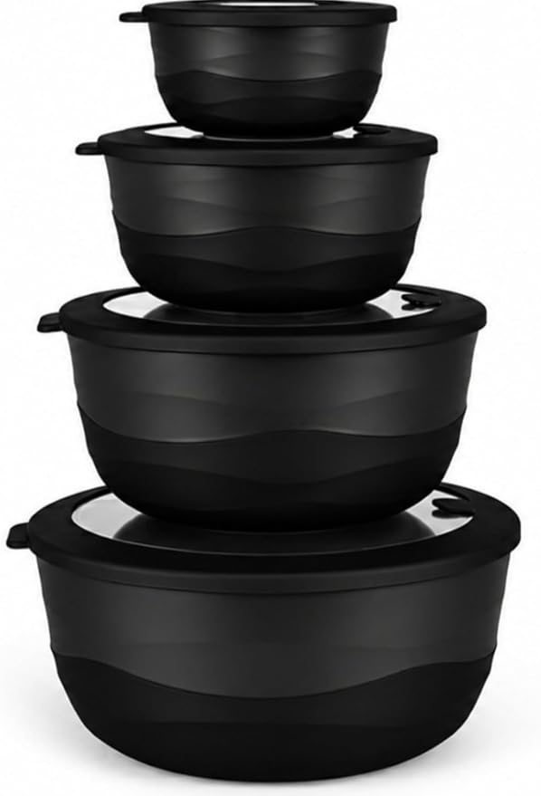 Pera Mixing Bowls with Lids Set, 8 Piece (4 Bowls + 4 Airtight Lids), BPA Free Nesting Kitchen Bowl Set for Mixing & Food Storage, Microwave & Dishwasher Safe(Pure Black) (Pure Black)