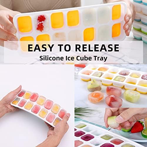 Ice Cube Trays with Lid BPA Free, 4 Pack 56 Ice Easy Release Flexible Silicone Ice Cube Tray Stackable No Spill Ice Tray Dishwasher Safe for Baby Food,Cocktail, Whiskey, Orange & Yellow