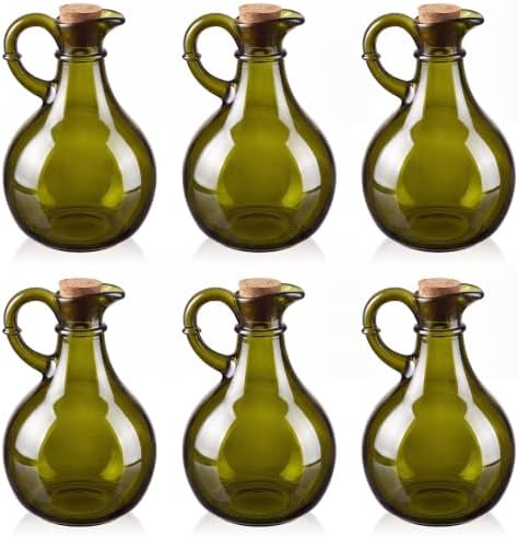 Suclain 6 Sets 12oz Glass Oil and Vinegar Cruet Set Round Oil Dispenser Olive Bottle with Airtight Stopper Salad Dressing Bottle Glass Condiment Container for Kitchen Homemade Olive Condiment(Green)