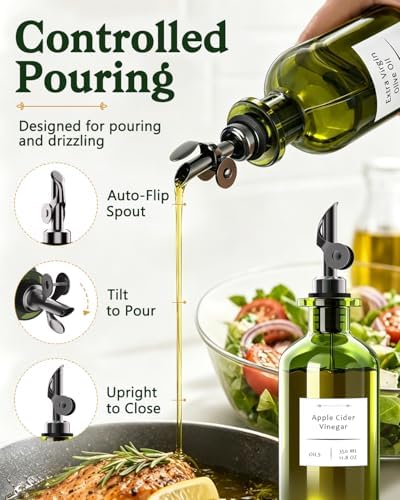 COOLMI Olive Oil Dispenser Set of 2, Dark Green Glass Bottles, 12 oz