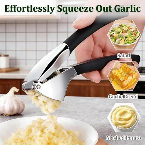 Garlic Press & Herb Scissors Set, 6 Pcs Kitchen Gadgets With Garlic Mincer & Kitchen Scissors for Herbs, Professional 5-Blade Kitchen Shears Garlic Press Tool Silicone Garlic Peeler & Brush