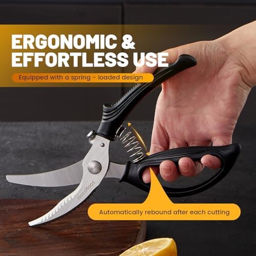 Poultry Shears, Heavy Duty Poultry Scissors & Chicken Shears for Easier Spatchcock, Cutting Chicken Bones, Meat, Turkey, Fish & Herbs. Spring-Loaded, Safety Lock & Dishwasher Safe