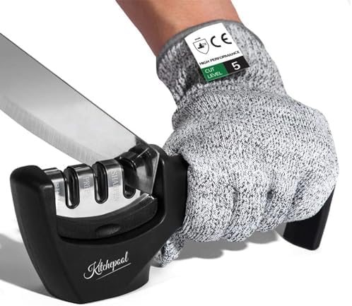 4-in-1 Knife Sharpener Kit with Cut-Resistant Glove, 3-Stage Quality Kitchen Knife Accessories to Repair, Grind, Polish Blade, Professional Knife Sharpening Tool for Kitchen Knives