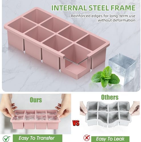 Large Ice Cube Molds, 4 Pack Easy Release Ice Trays for Freezer with Lid, Stackable Square Big Silicone Ice Cube Tray BPA Free Slow Melting for Bourbon Whiskey, Cocktails (Green+Blue+Pink+Grey)