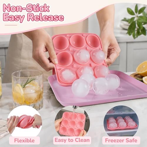 Large Ice Ball Mold, 9-Cavity Round Ice Cube Tray with Lid, 2.2inch Silicone ice Ball Tary for Freezer, BPA Free Circle Ice Cube Tray, Cocktail, Juice