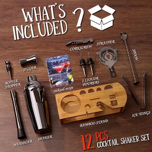 Wukuna Cocktail Shaker Set Bartender Kit, 12-Pcs Bar Tool with Bamboo Stand